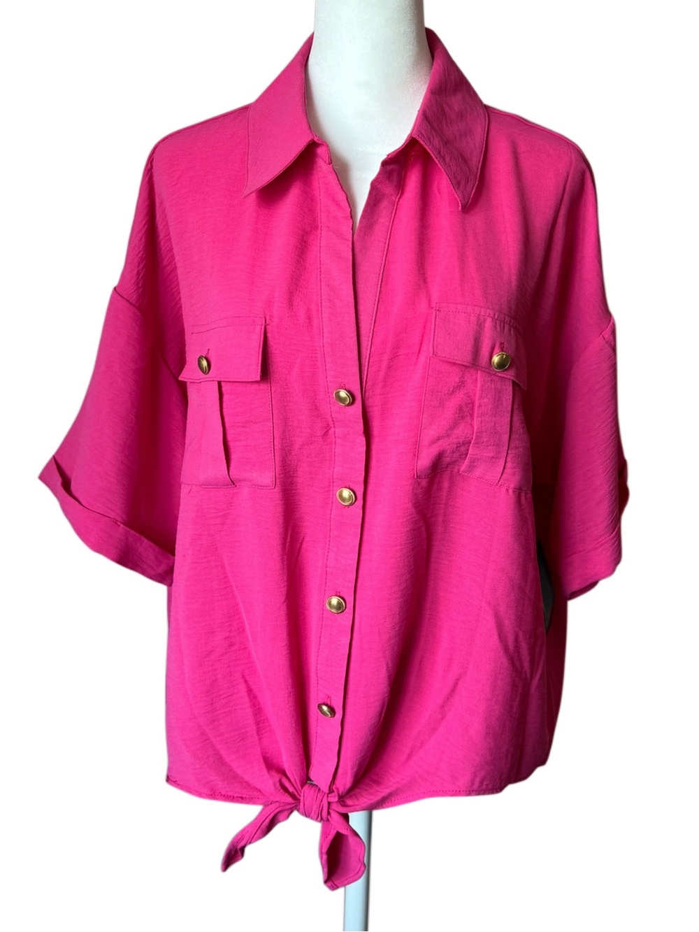 A.U.W. Lainy NWT Hot Pink Tie Front Button Up Blouse XL